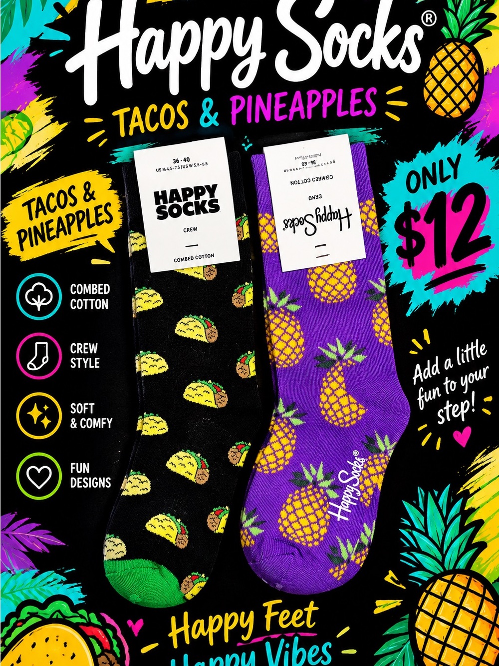 Happy Socks Tacos & Pineapples Crew Socks - Black & Purple